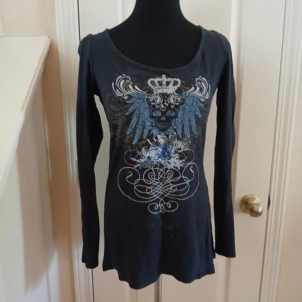 Y2K Vintage Mcbling Black Winged Skull Graphic Long Sleeve Top L Fairy Grunge